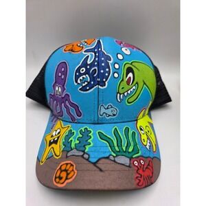 Custom Hand Painted Underwater Sea Creature Trucker Hat Blue Black MB